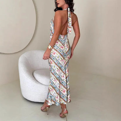 Sexy Print Halter Backless V-neck Dress