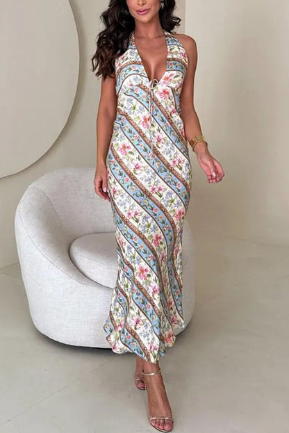 Sexy Print Halter Backless V-neck Dress