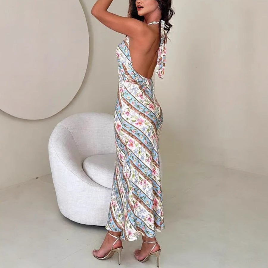 Sexy Print Halter Backless V-neck Dress