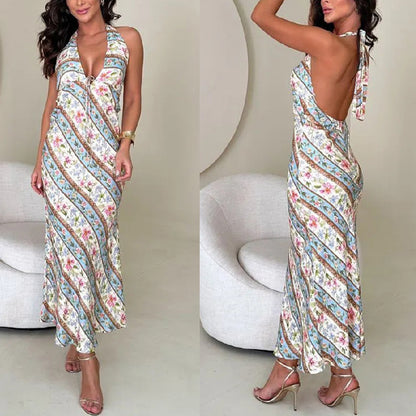 Sexy Print Halter Backless V-neck Dress