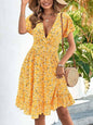 V-neck Waist-tight Large Flower Ruffled Plant Flower Dress