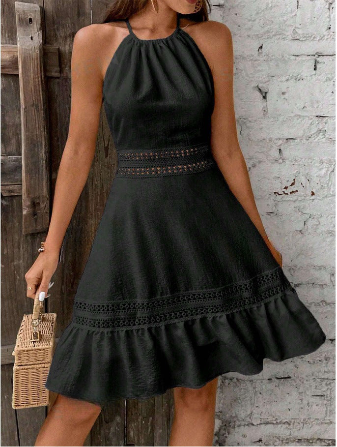 Solid Color Hollow Lace Stitched Backless Halter Lace-up Mini Skirt