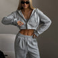 Casual Suit Solid Color Short Midriff Outfit Hooded Cardigan Lace-up Sweatpants