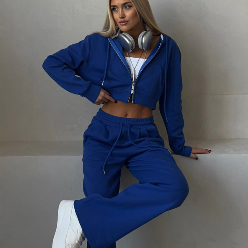 Casual Suit Solid Color Short Midriff Outfit Hooded Cardigan Lace-up Sweatpants